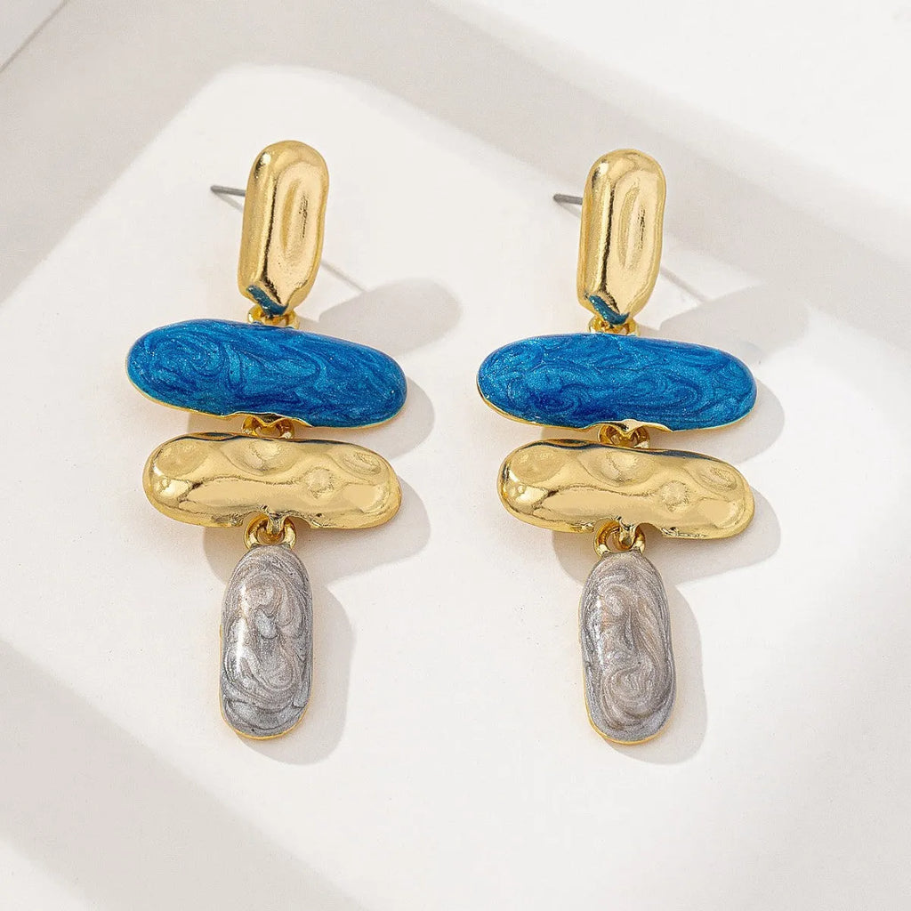 Geometric stud earrings with multicolor electroplated finish on zinc alloy