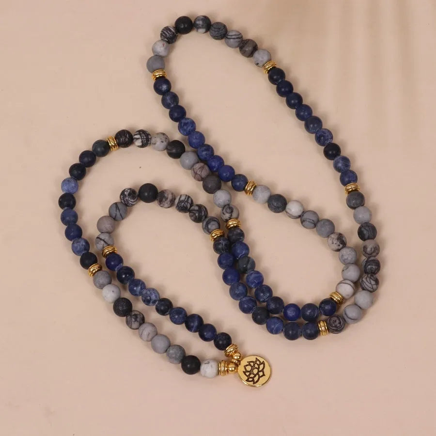 Blue patterned network stone bead multi-layer bracelet with natural alloy construction