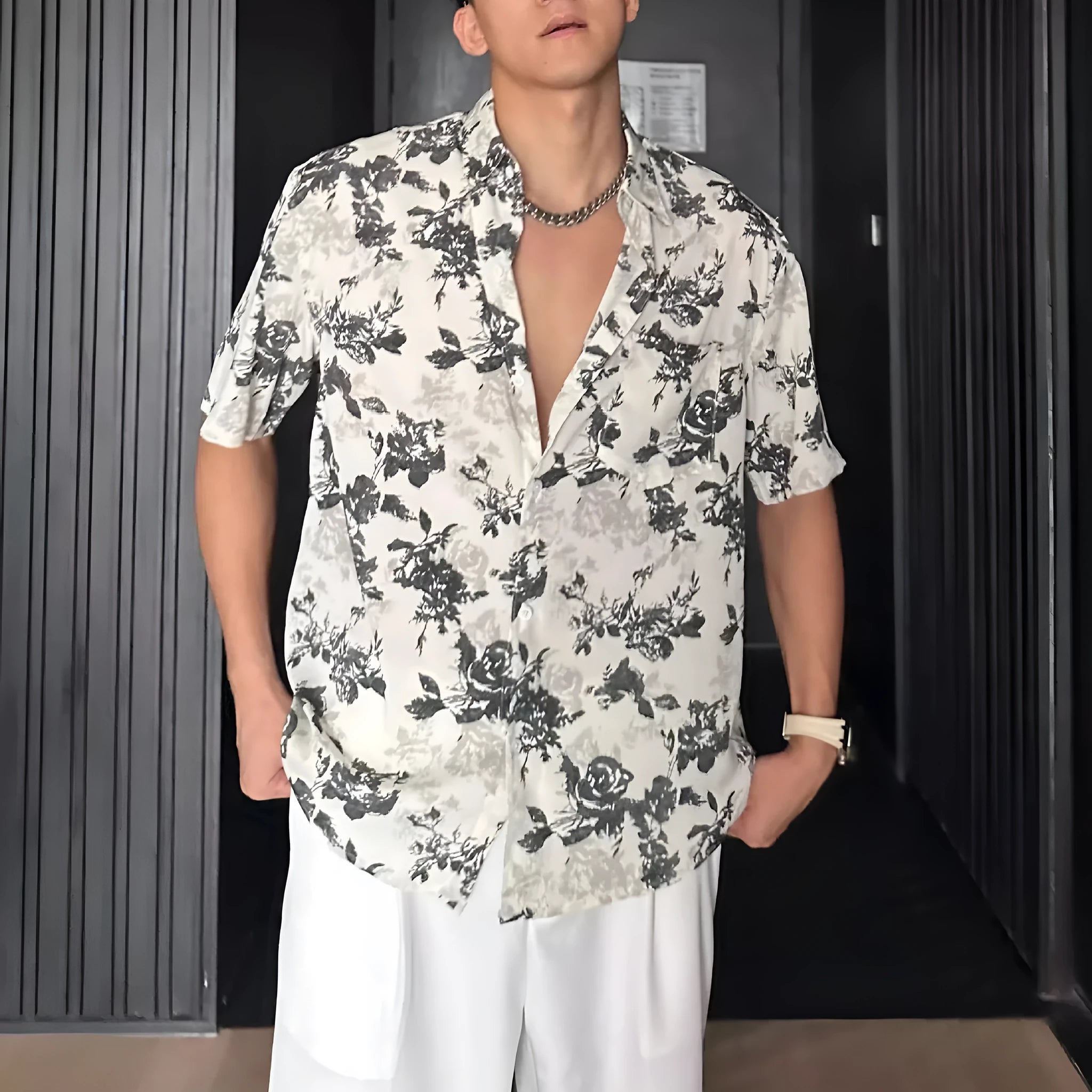 Loose casual floral printed short sleeve shirt in black or white colour options