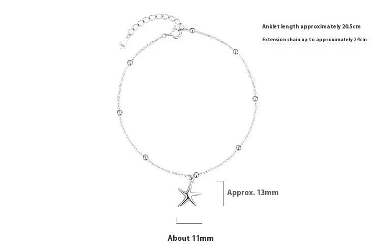 S925 sterling silver anklet with a starfish charm on a round bead chain.