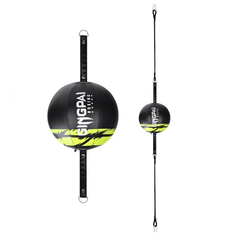Black, green and black, and white hanging boxing speed ball for reaction training