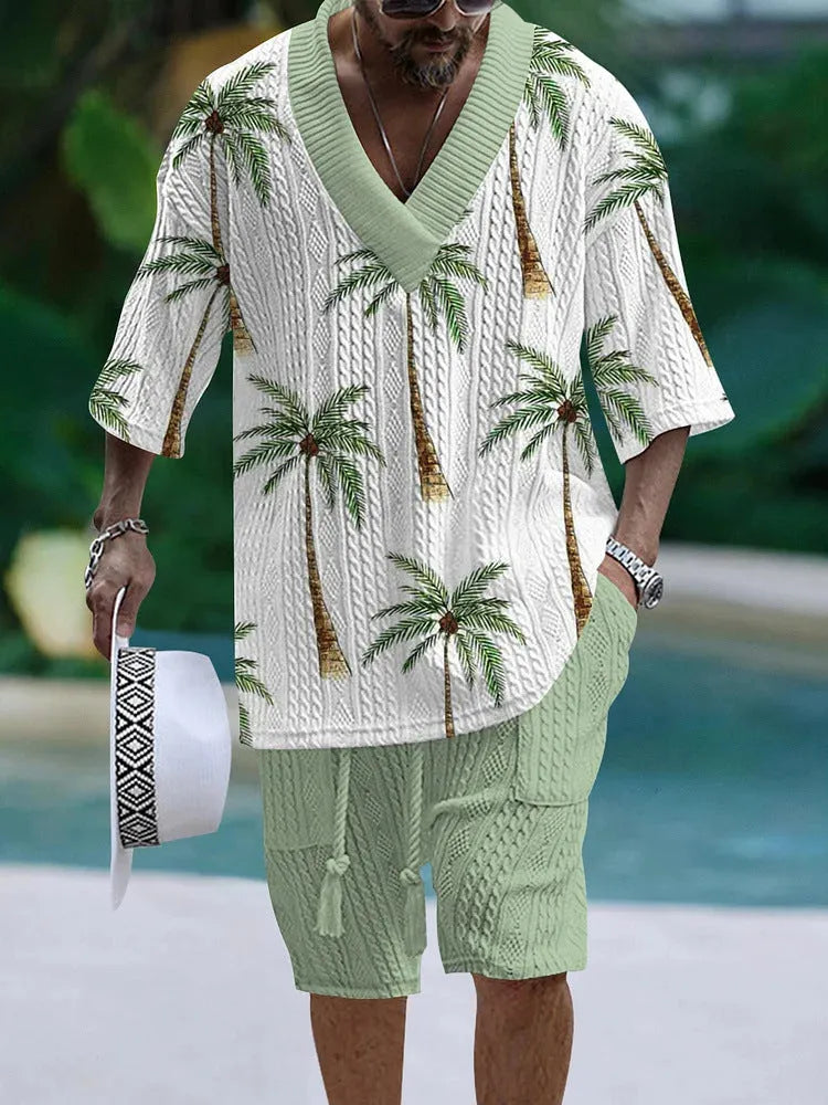Loose casual short sleeve suit set in polyester fabric showing matching top and shorts