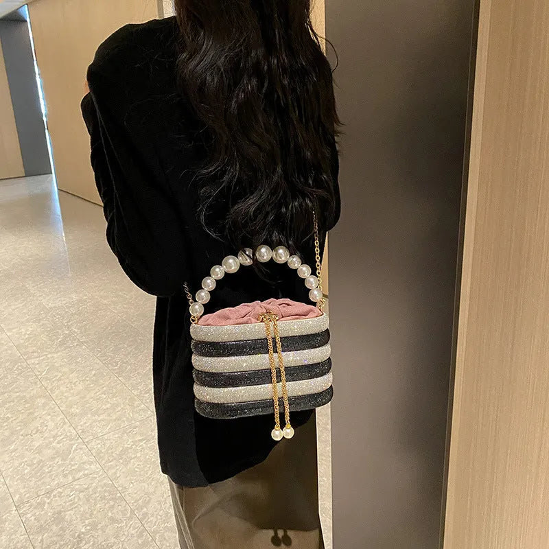 Women's retro style crossbody dinner bag with beaded decoration in soft PU material