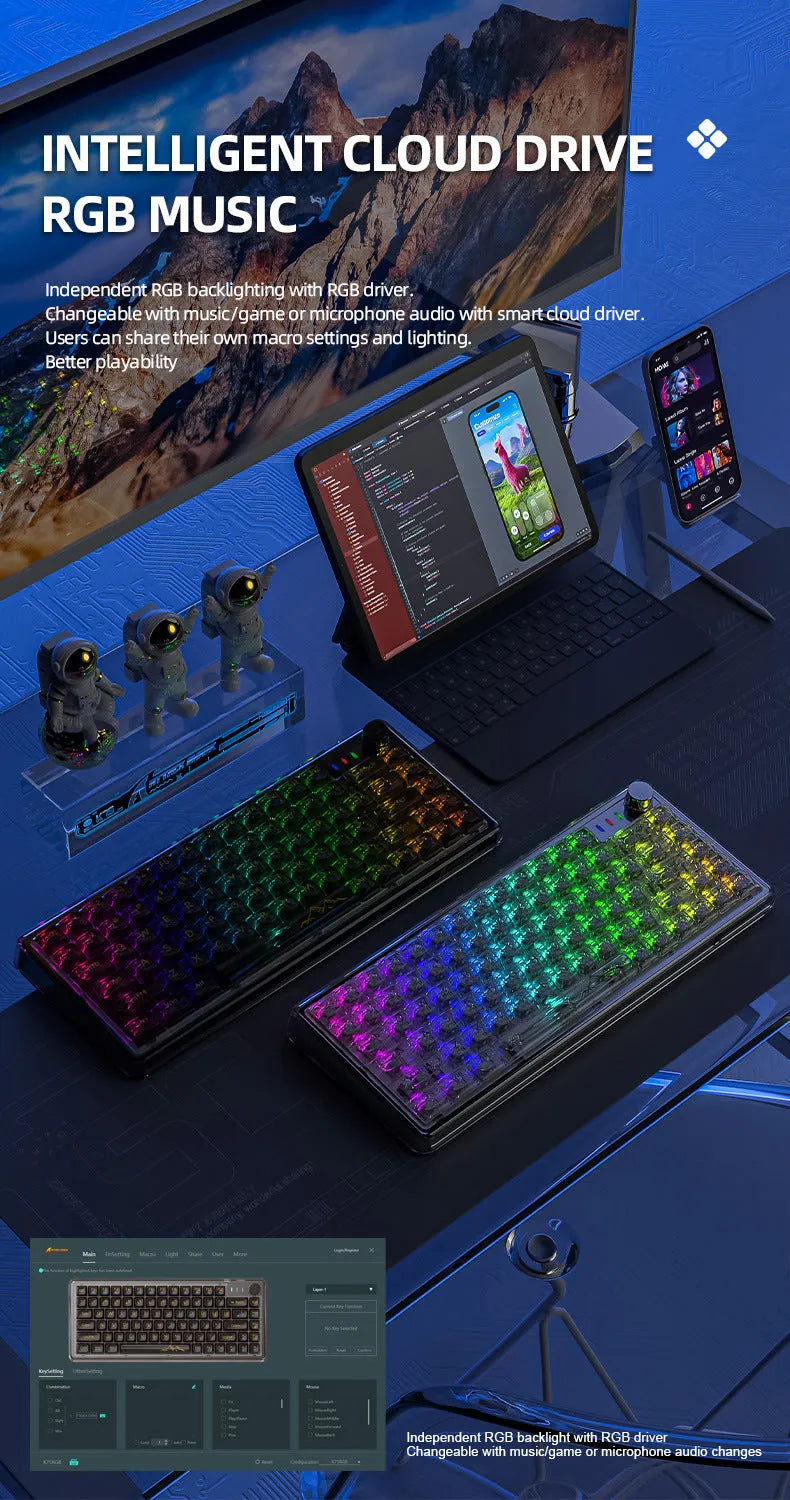 Attack Shark K75 wireless mechanical keyboard with transparent PC case and RGB backlighting.