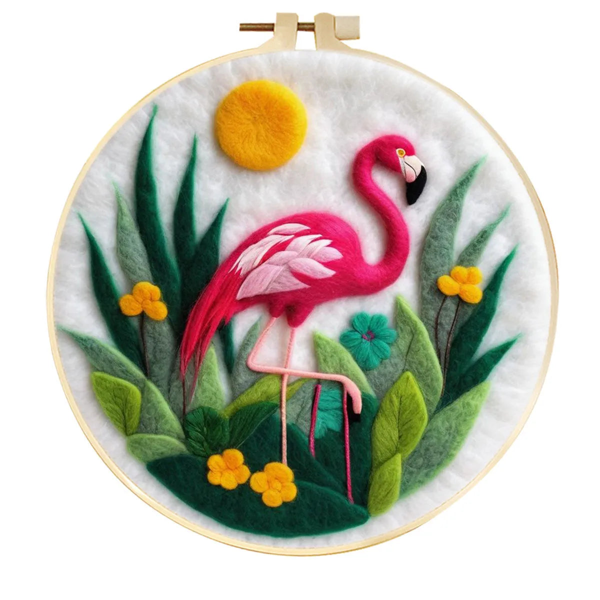 Round linen embroidery kit with wool felt materials for three-dimensional floral design