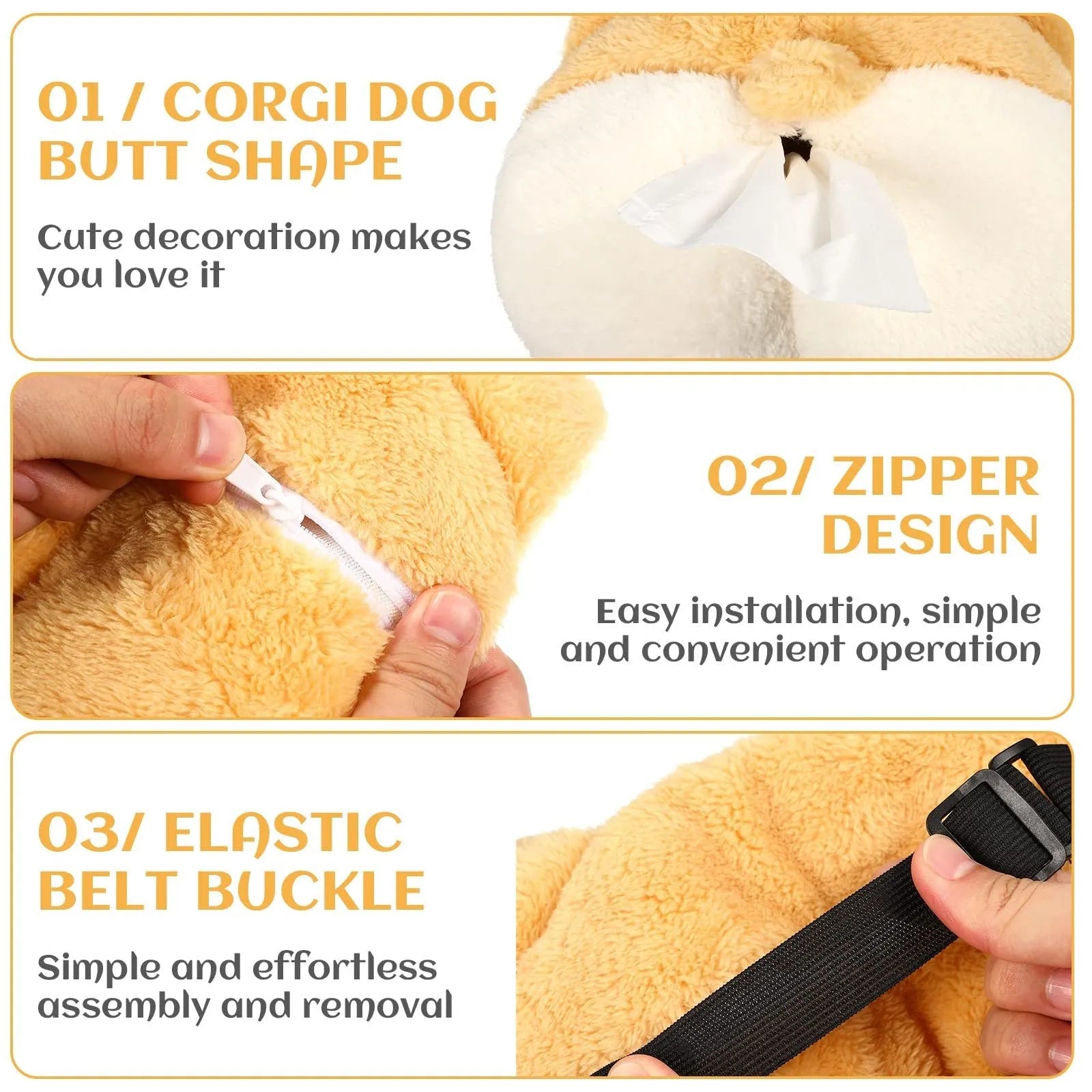 Yellow corgi butt shaped tissue box cover with elastic backing for car sun visor attachment