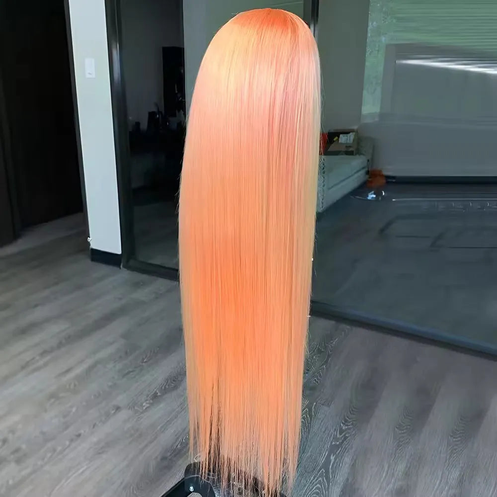 Light orange long straight synthetic wig with front lace and side bangs on a wig stand.