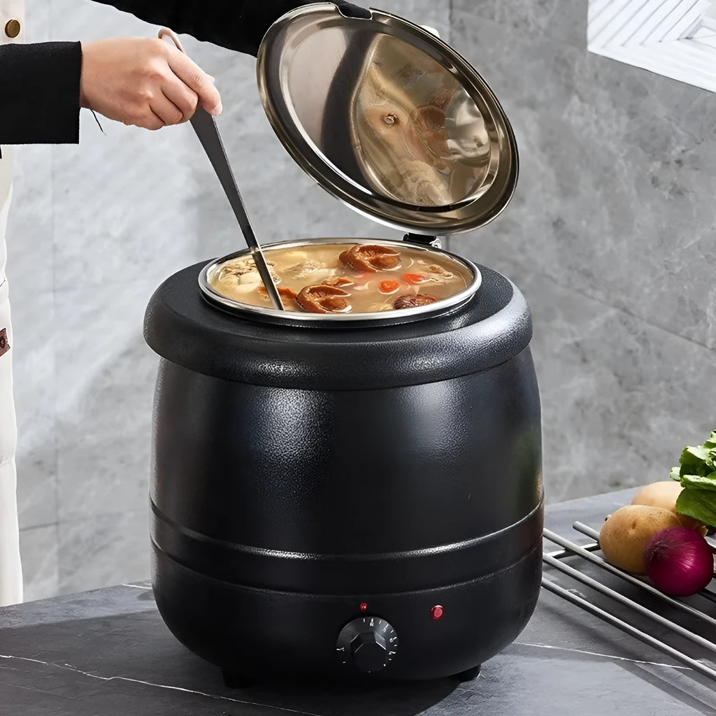 Black stainless steel 10-litre insulation pot with large cover for heat preservation.