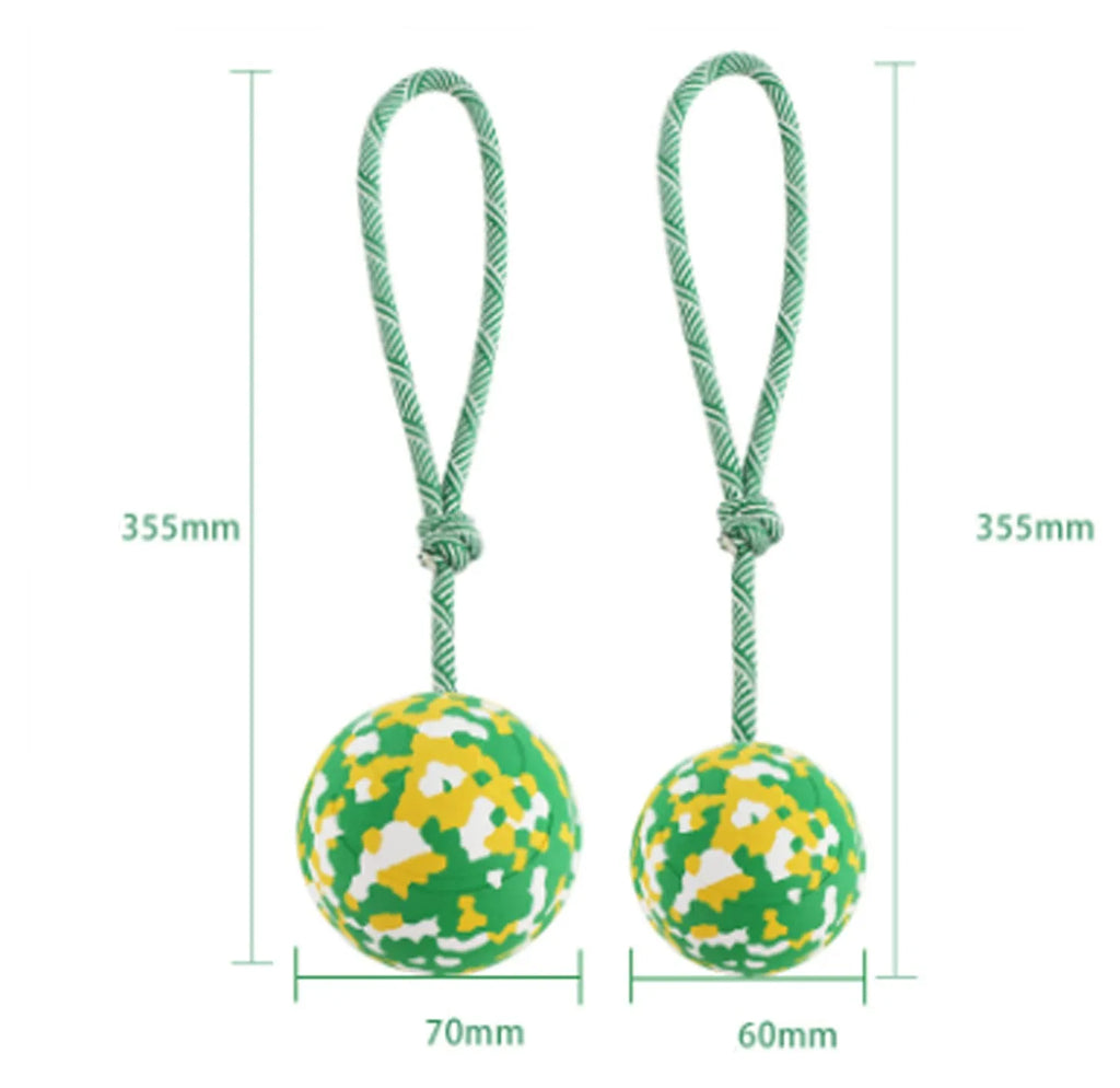 S size dog ball on rope toy with 6cm natural rubber ball and 27cm nylon rope for medium small dogs
