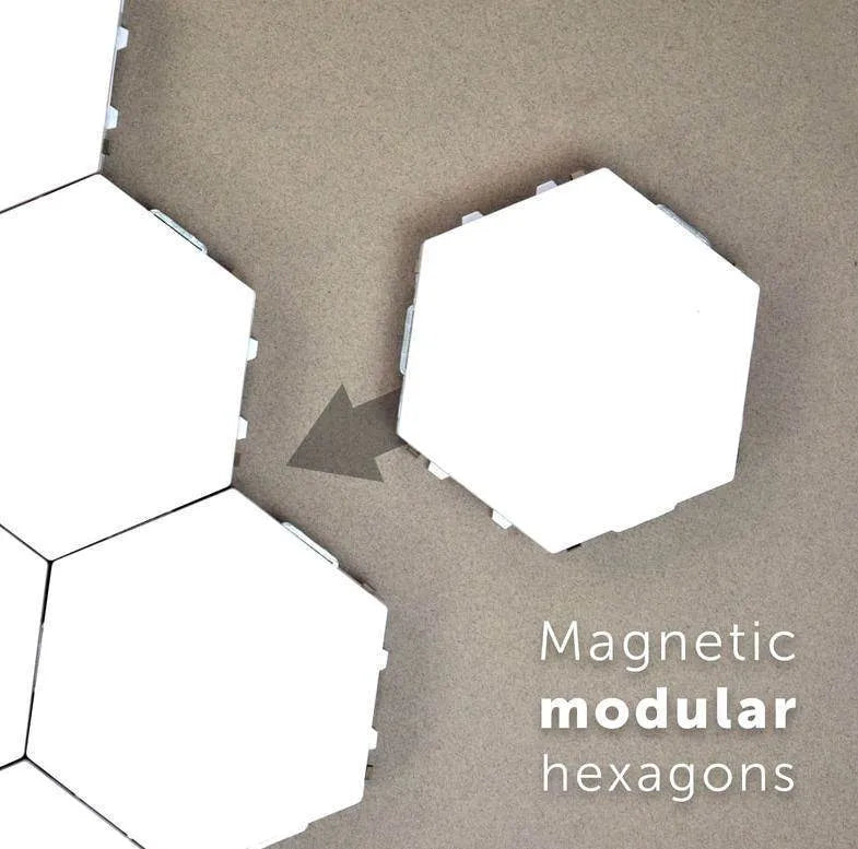 Helios modular honeycomb touch wall lamp modules in a geometric wall arrangement.
