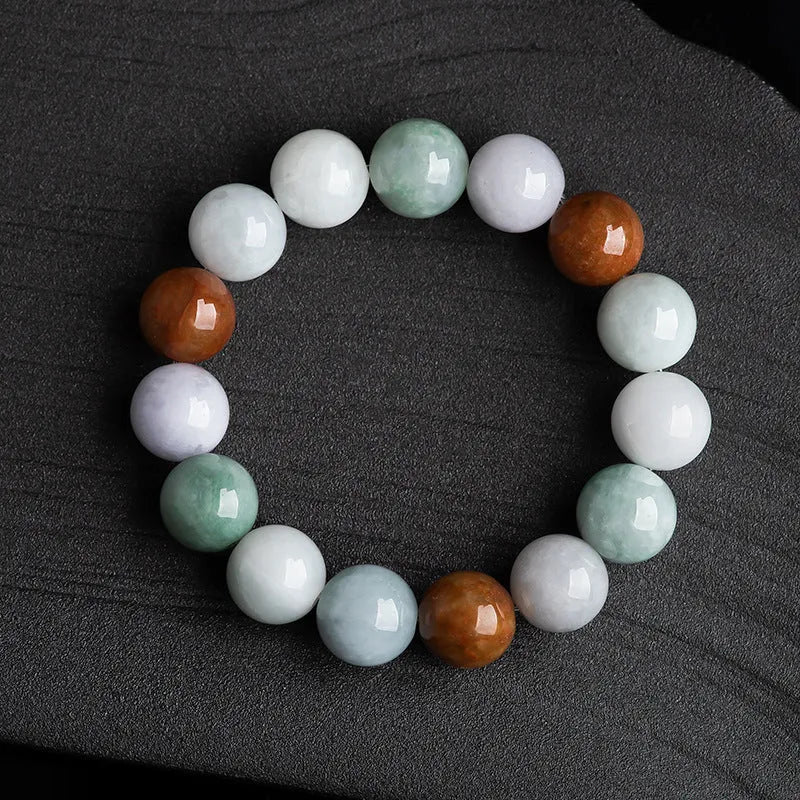 Women's natural Myanmar jade three-colour bracelet with round 13mm beads and certificate