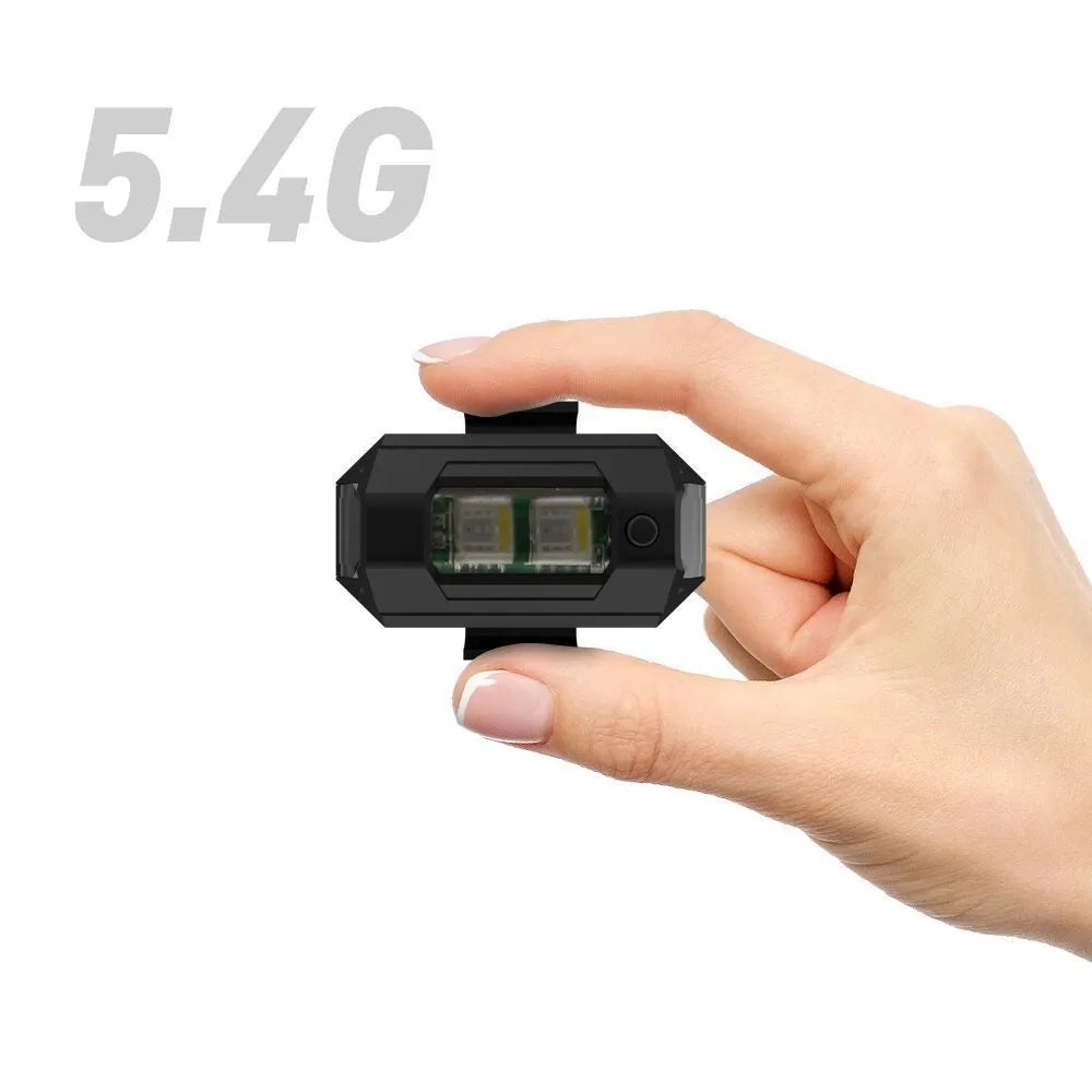 Drone strobe light accessory with RGB LEDs, Type-C charging cable, fixing tapes, and ring belts on a white background.