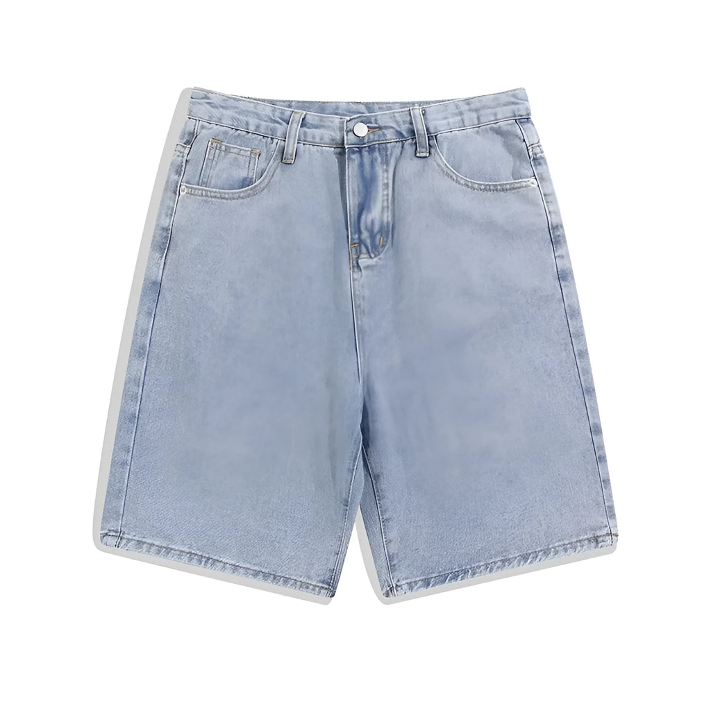 Men's light blue denim shorts with straight-leg fit and mid waist on a white background.