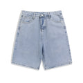 Men's light blue denim shorts with straight-leg fit and mid waist on a white background.