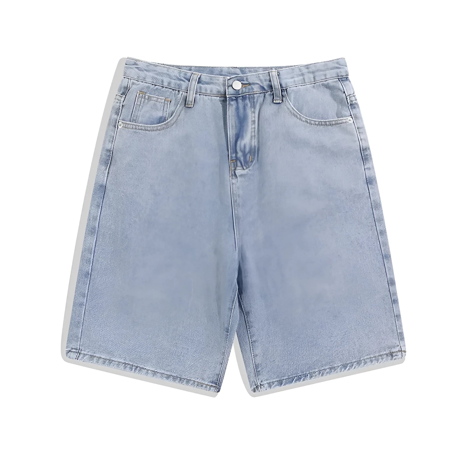 Men's light blue denim shorts with straight-leg fit and mid waist on a white background.