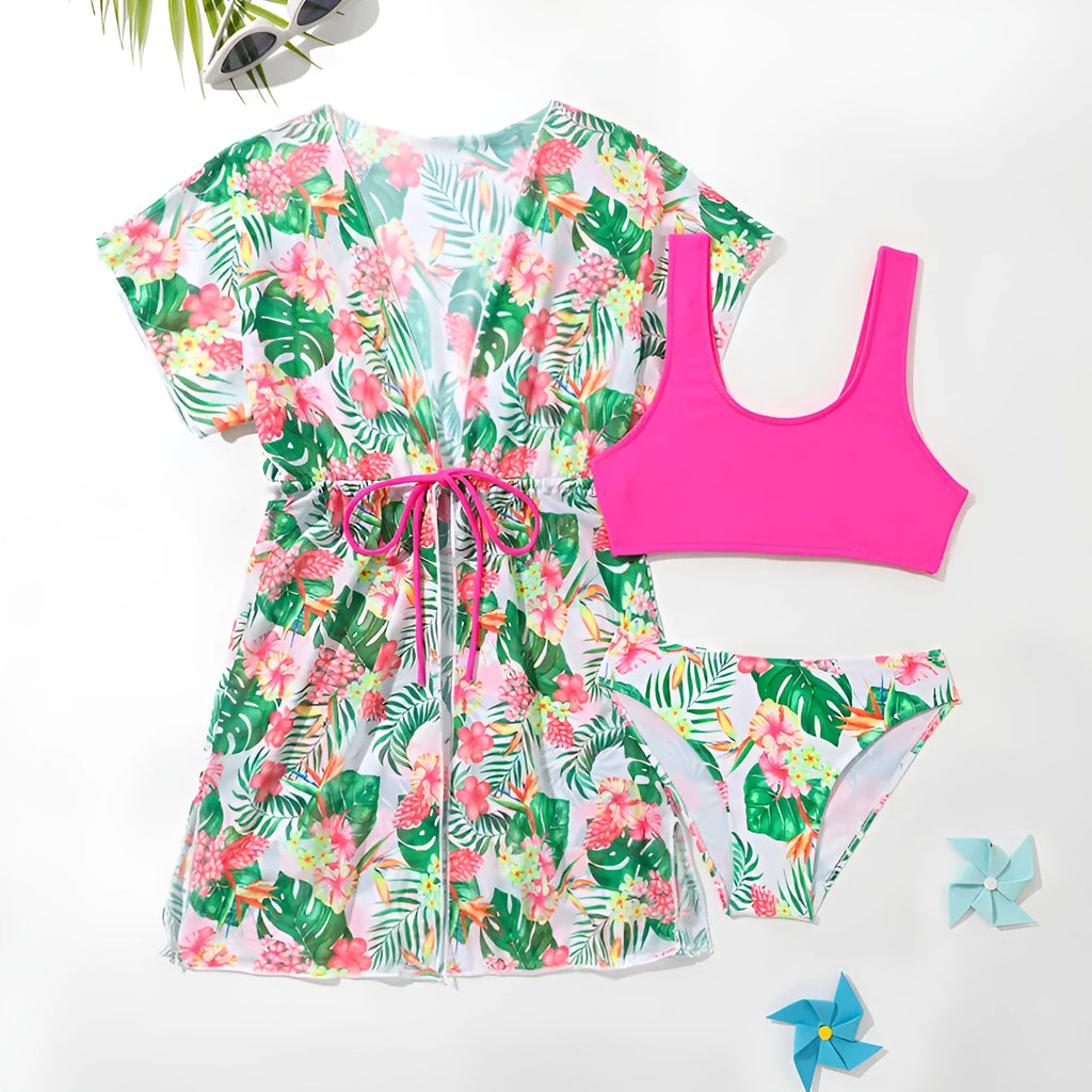 Girls' two-piece floral swimsuit in polyester fabric for swimming