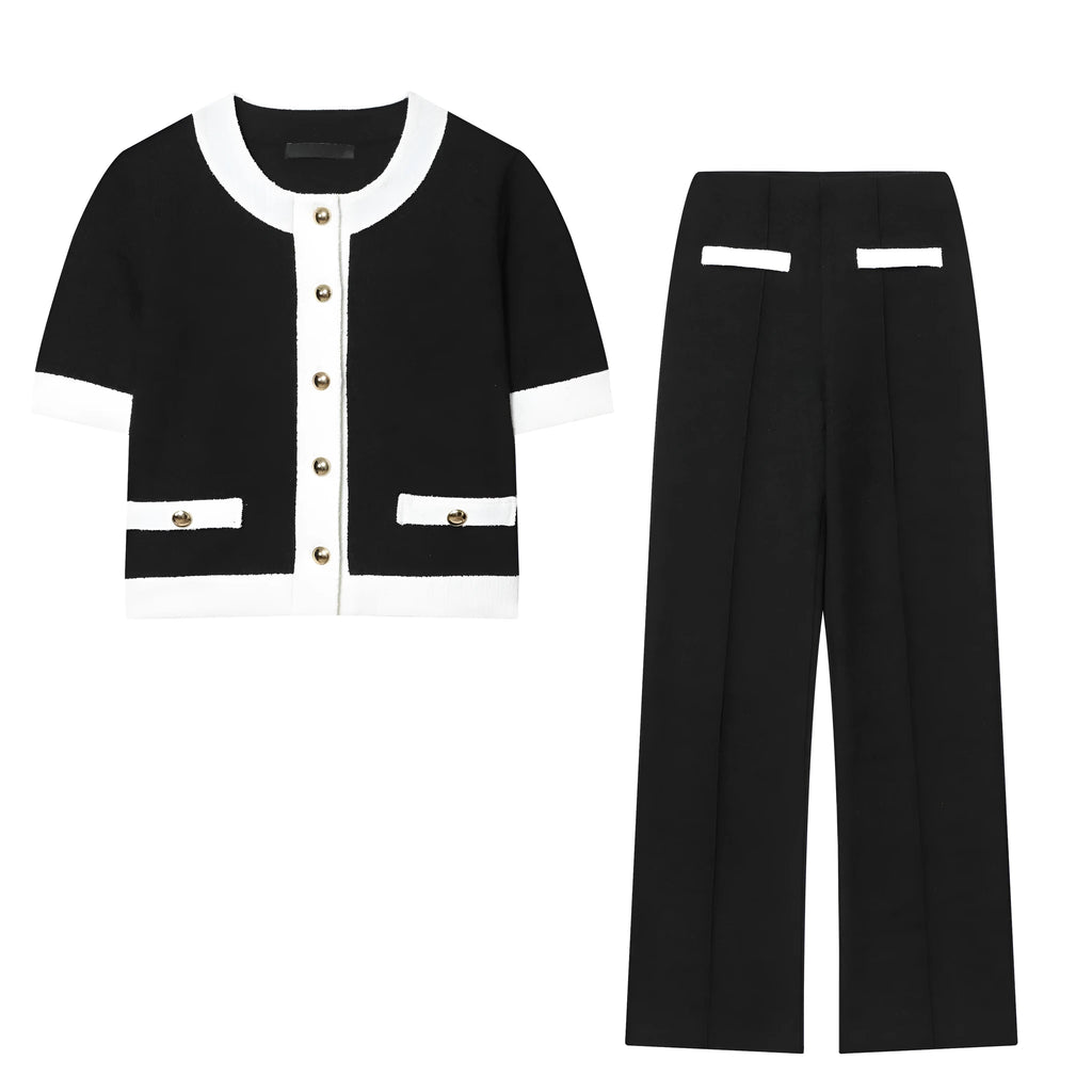 Women's polyester street fashion suit set with beaded top and high-waisted trousers