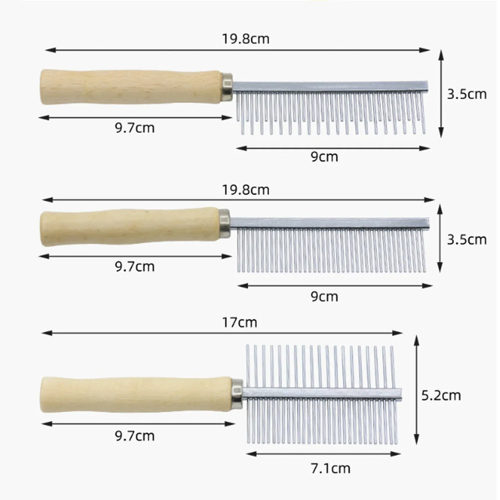 Wooden handle pet grooming comb showing three configuration types for dogs and cats