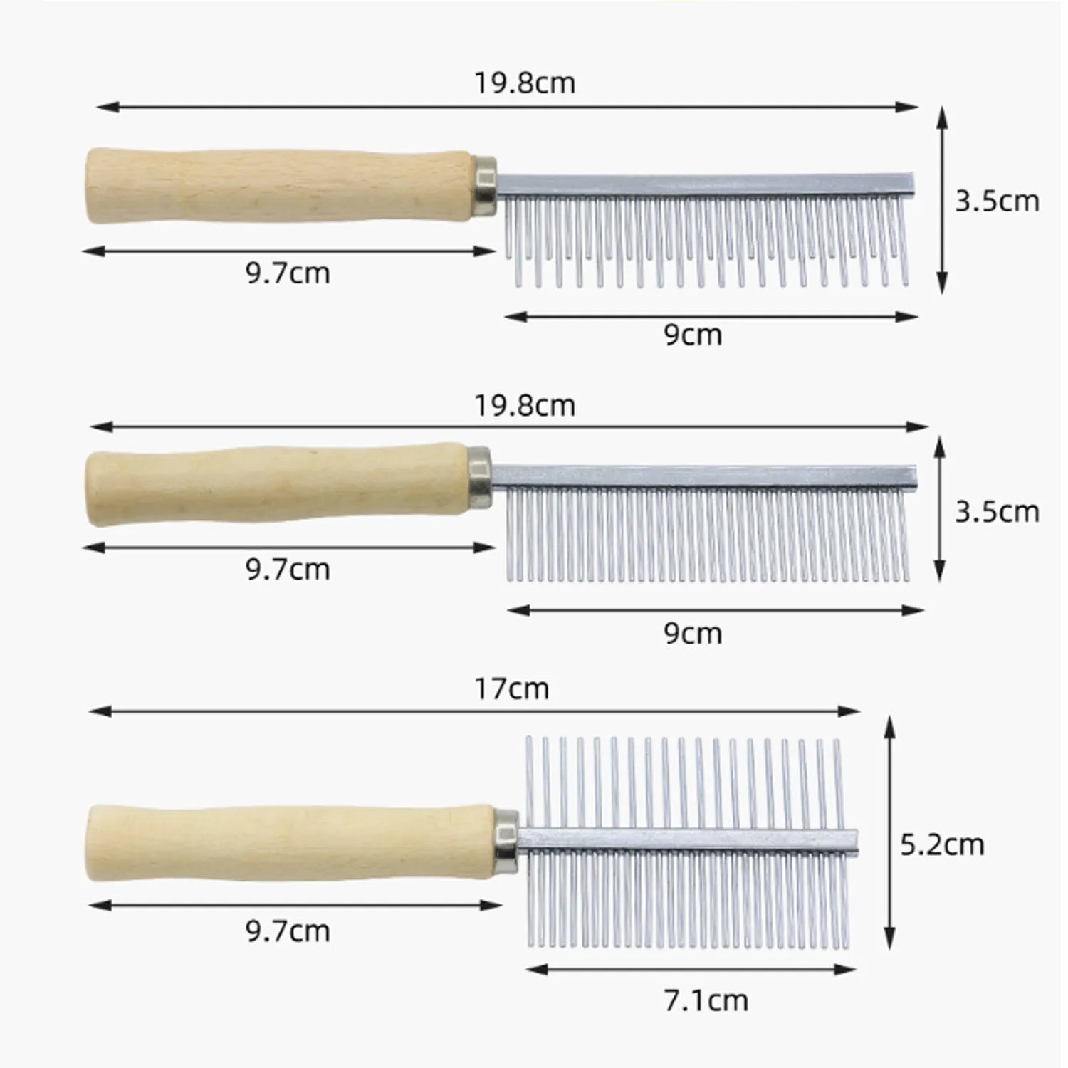 Wooden handle pet grooming comb showing three configuration types for dogs and cats