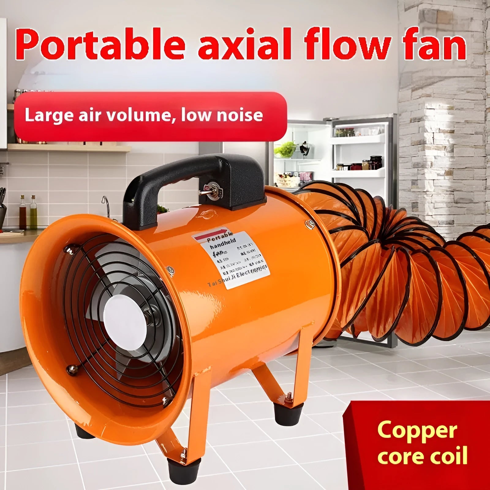 8-inch portable titanium steel industrial axial flow fan with a 5-metre flexible air duct for ventilation.
