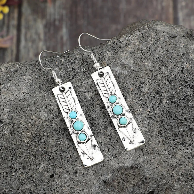 Women's geometric alloy earrings with turquoise inlay and silver electroplated finish