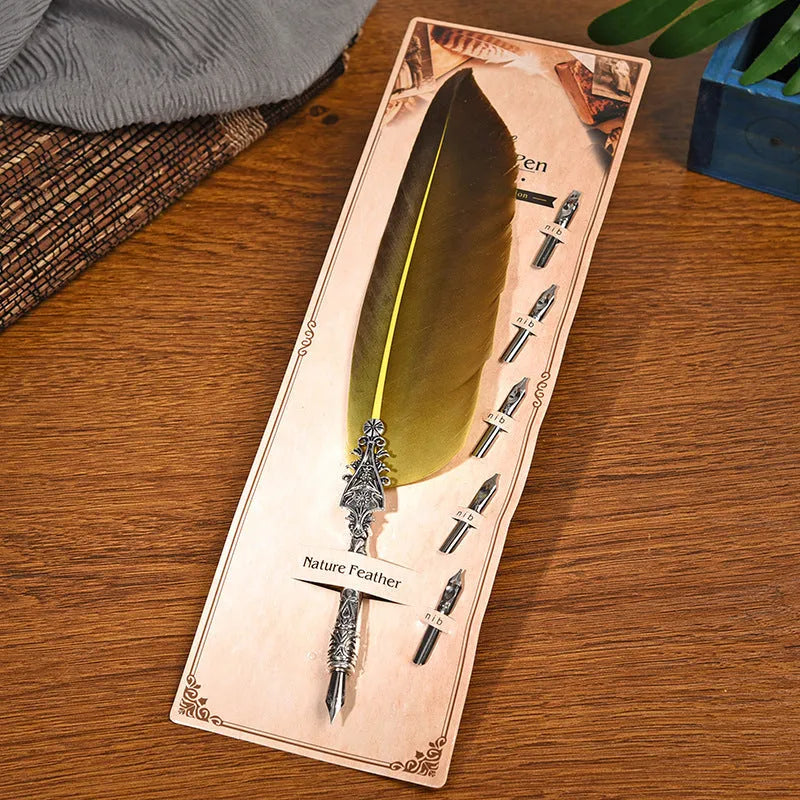 Vintage feather pen with zinc alloy shell in choice of ten colours including black, blue, and red.