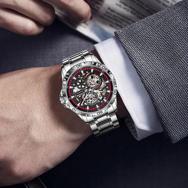 Men's double-sided hollow-out mechanical watch with luminous hands and stainless steel strap