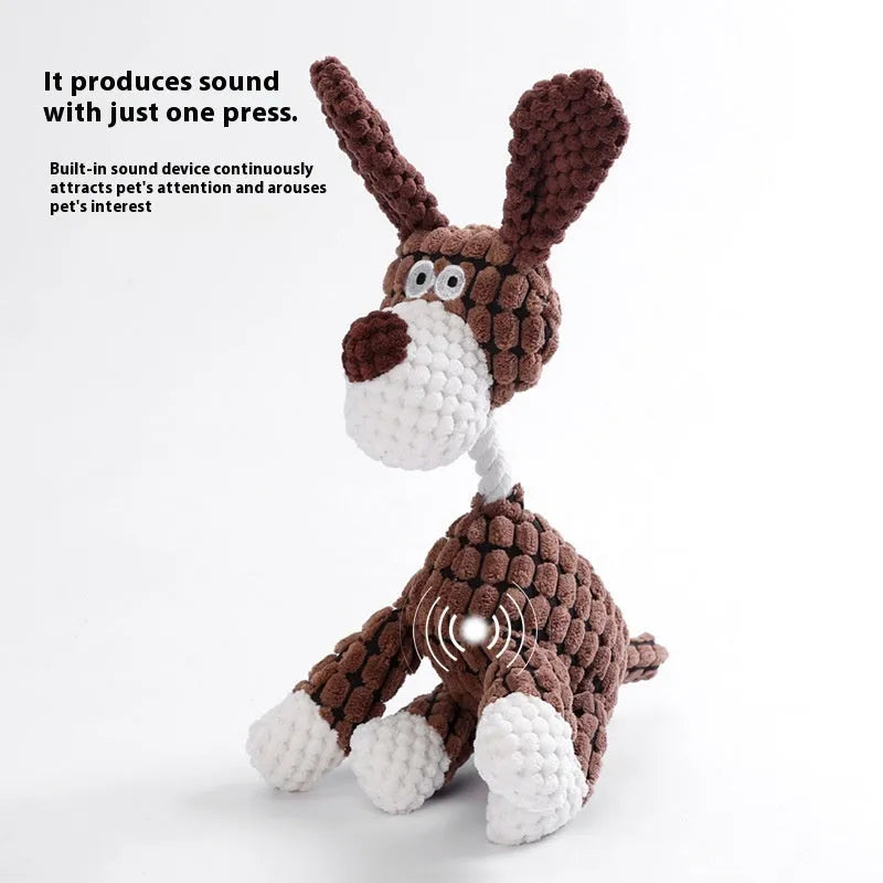 Bite-resistant puppy plush toy collection showing rechargeable duck, donkey, elephant, and dog styles
