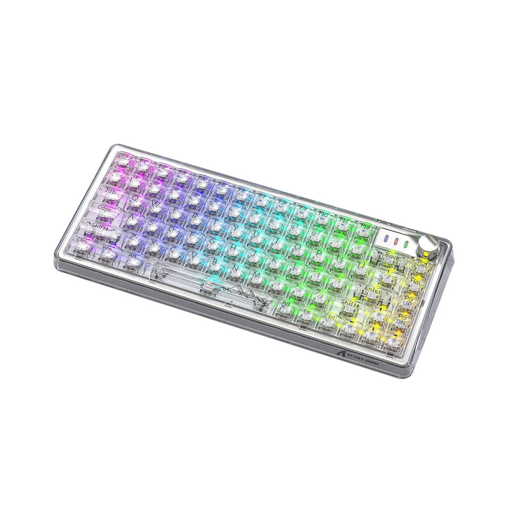 Attack Shark K75 wireless mechanical keyboard with transparent PC case and RGB backlighting.