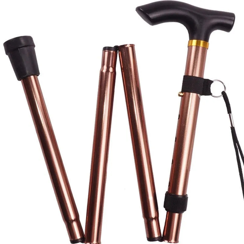 Aluminium alloy folding walking cane shown extended and collapsed, with non-slip handle.