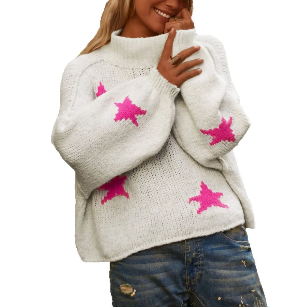 White women's turtleneck pullover sweater with five-pointed star pattern on imitation velvet fabric