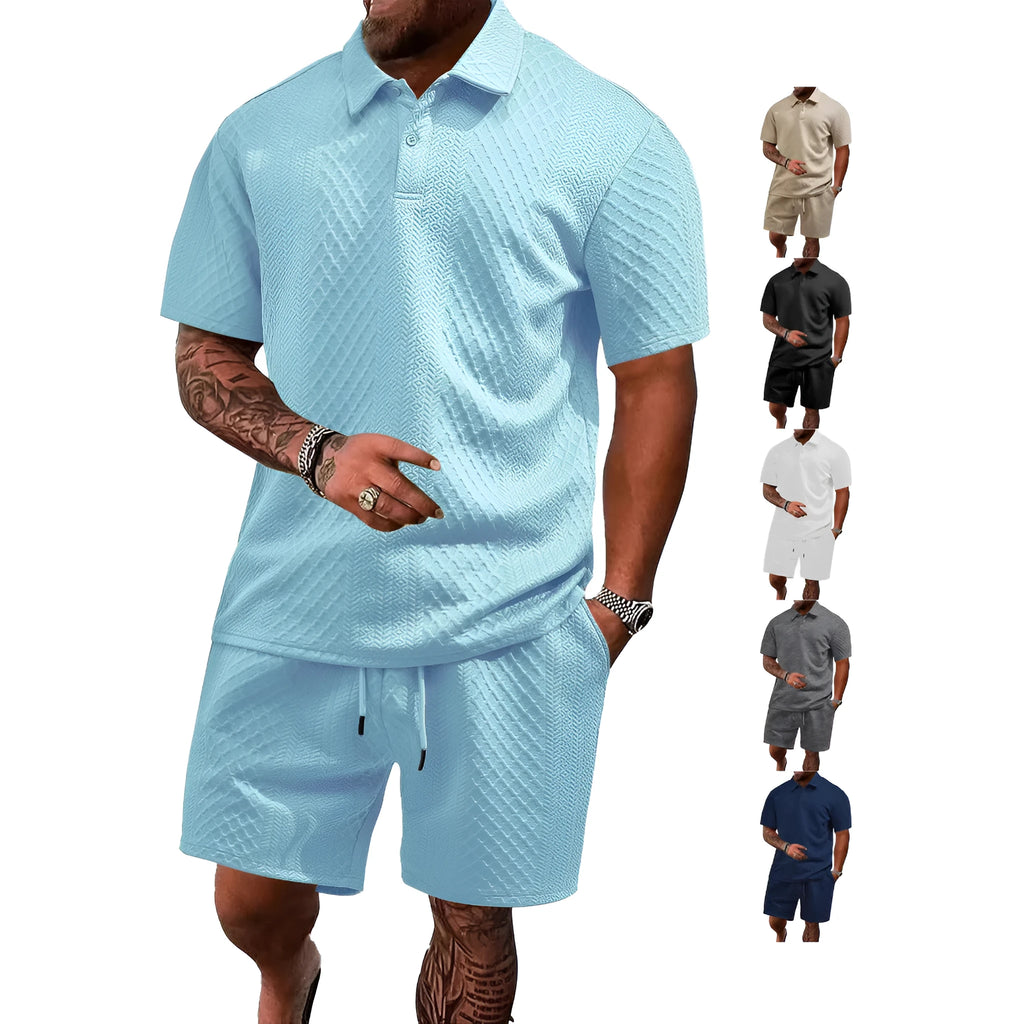Men's patterned polyester casual short sleeve suit in multiple colours with polo shirt and trousers
