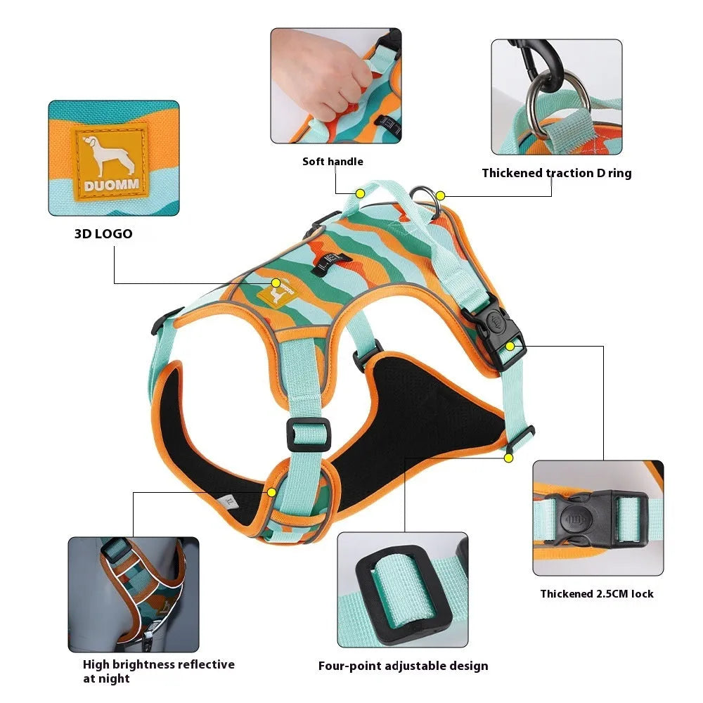 Orange reflective dog harness and leash combination for commuter safety, shown with size options.