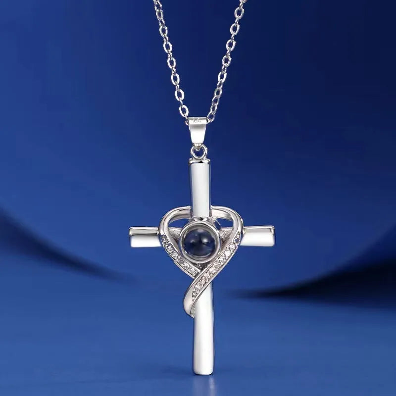 'I Love You' projection necklace pendant in copper with heart and cross design