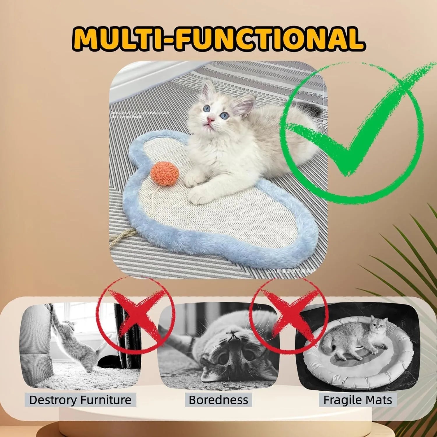 White cat scratching mat with natural sisal surface and cartoon sleeping cat design, wall-mounted