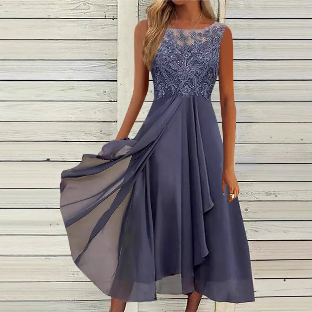 Women's sleeveless chiffon dress with lace hollow-out detailing in green, purple or blue colours
