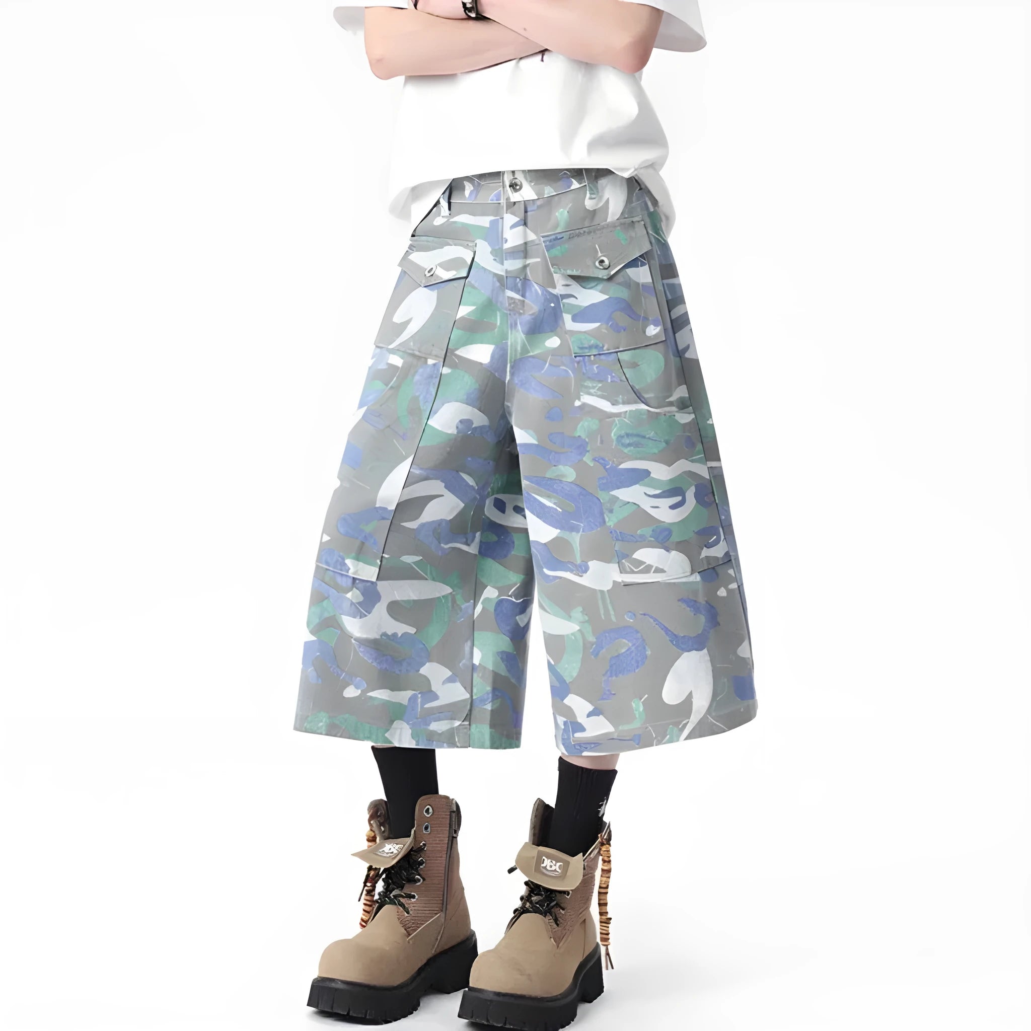 Camouflage print denim cargo trousers with multiple pockets and cropped straight-leg cut