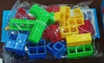 Plastic balance stacking board game with 16 colourful blocks, chassis, and base in a 26.5cm square box.