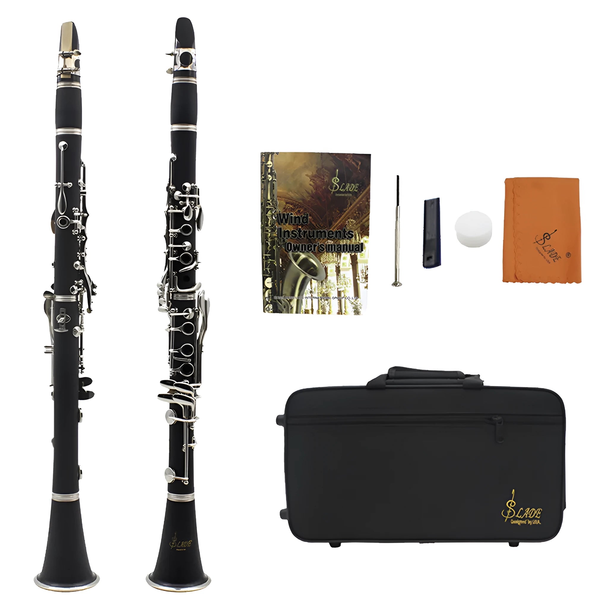 Black Bakelite clarinet with nickel-plated keys and hard protective case for beginner students