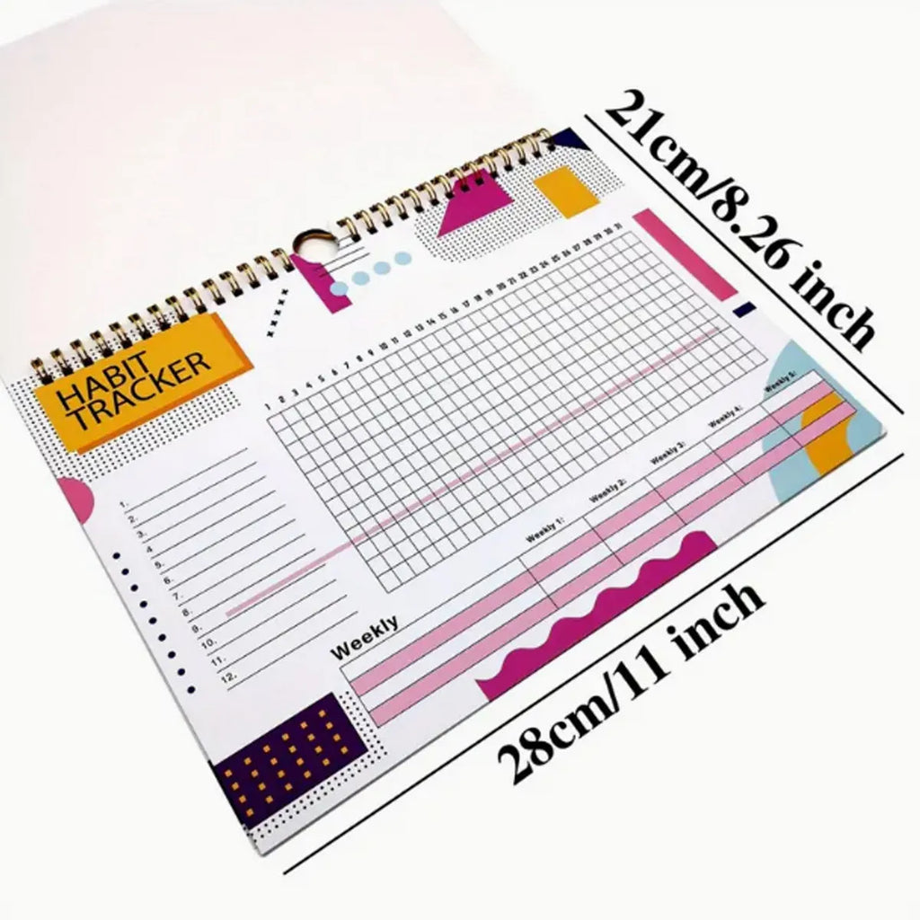 Habit tracking device showing 12 internal pages for schedule planning in various colour options