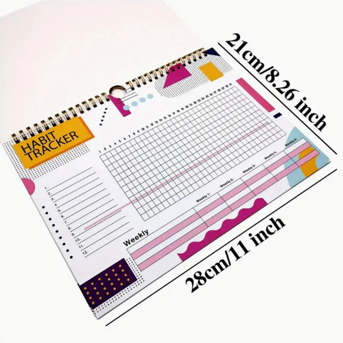 Habit tracking device showing 12 internal pages for schedule planning in various colour options