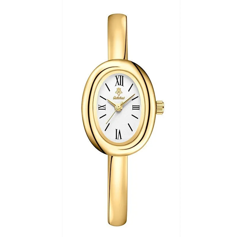 Women's oval-shaped retro quartz watch in gold colour with a thin 8mm case.