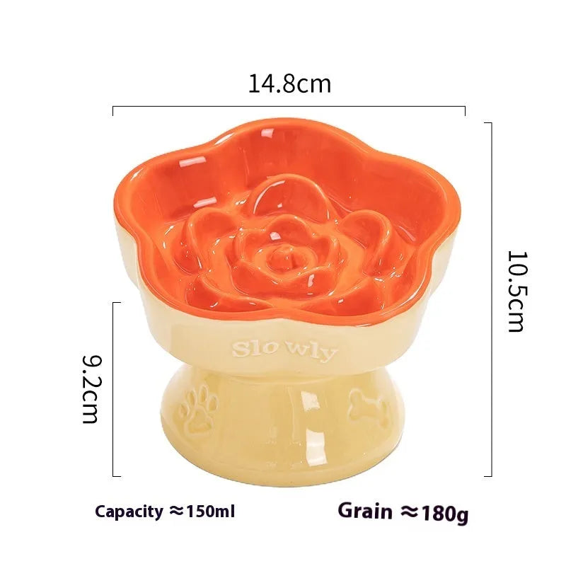 Black ceramic pet bowl with high foot and neck design for anti-tumble feeding