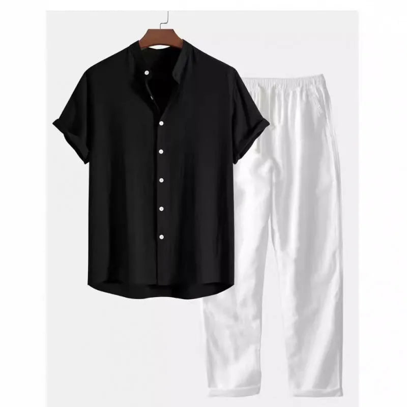 Men's casual linen-style shirt and trousers suit in multiple colour options with loose short sleeve design