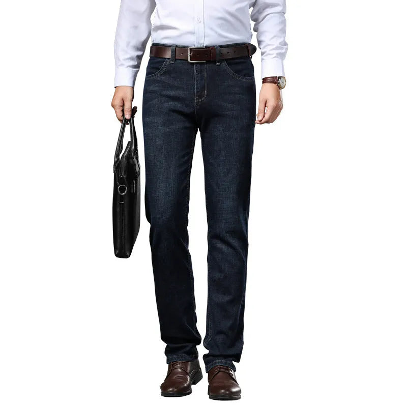 Loose fit straight-leg stretch jeans in black and blue denim for plus sizes