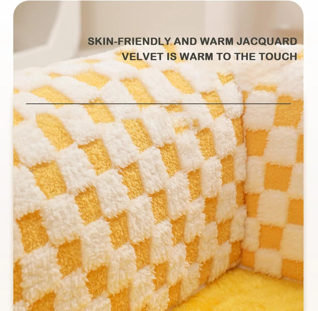 Coffee-coloured plush pet bed with integrated tunnel and anti-slip base for dogs and cats