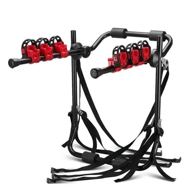 Black and red trunk mounted car bike rack with sponge padding, showing either tie rope or pull belt fastening.