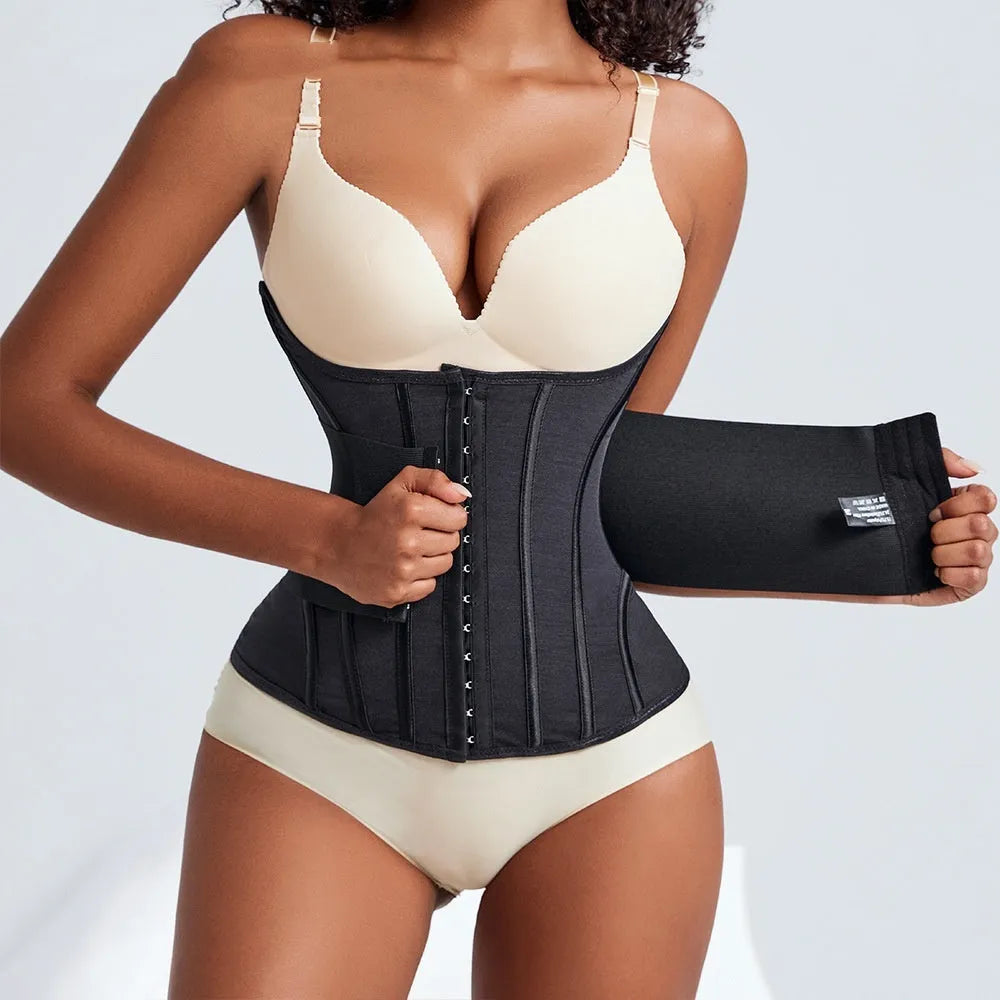 Nylon waist training belly band in black or apricot colour showing belt tie fastener