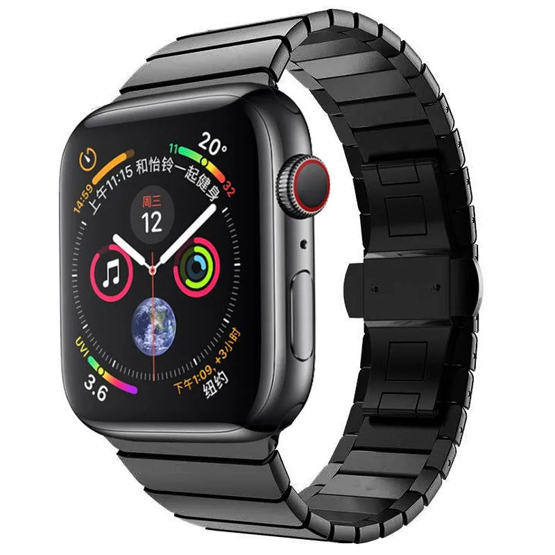 Silver metal Apple Watch band with butterfly clasp on a 40mm compatible watch case.