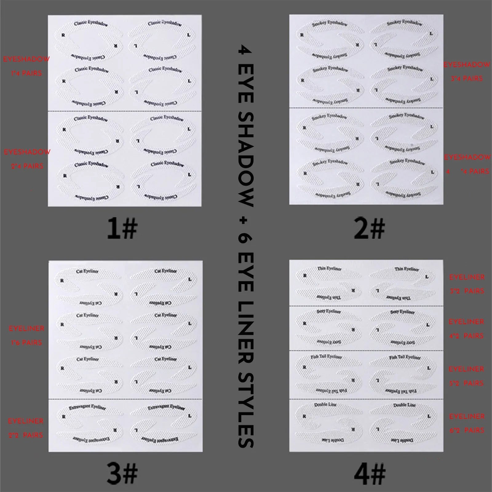 Set of four reusable adhesive eyeliner and eyeshadow makeup template stickers